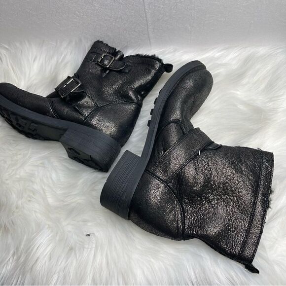 Barneys New York Fur Lined Metallic Moto Boot Black 37 - Picture 4 of 7